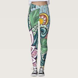Leggings Élégante Fleurs Blanches Rose Verte Et Fleurs