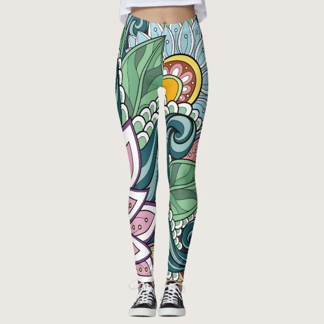 Leggings Élégante Fleurs Blanches Rose Verte Et Fleurs (Devant)