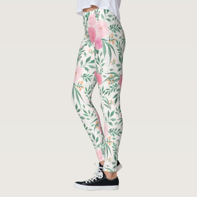 Leggings Elégante Fleurs Roses Blanches Aquarelle Florale (Gauche)