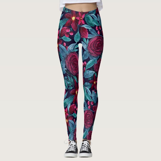 Leggings Elégante marine Bourgogne Noël Floral Aquarelle (Devant)