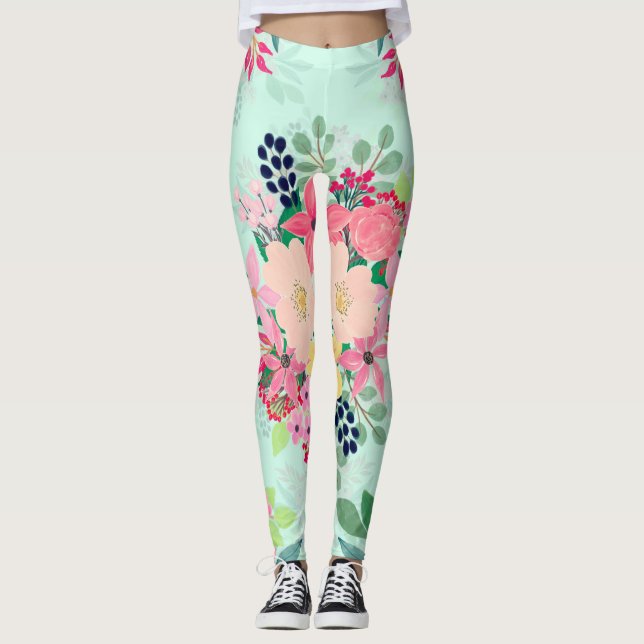 Leggings Elégante peinture à l'aquarelle florale à la menth (Devant)