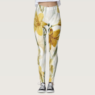 Leggings Élégants lis jaunes dorés floral aquarelle