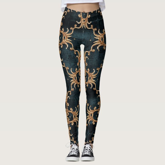 Leggings Eléments dorés baroques, turquoise foncé sans soud (Devant)