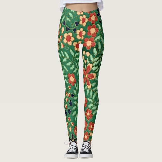 Leggings Élever vos vibes avec vert japonais floral (Devant)