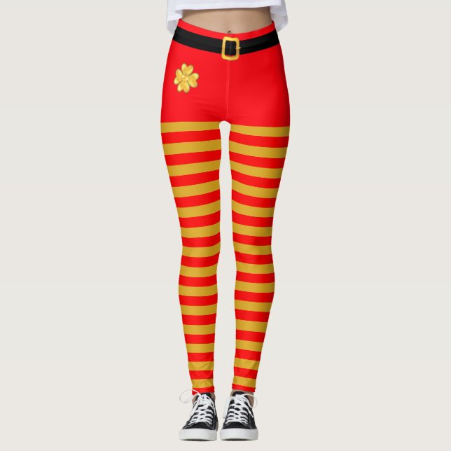 Leggings Elfe de Noël rouge et doré Légendes rayées (Devant)