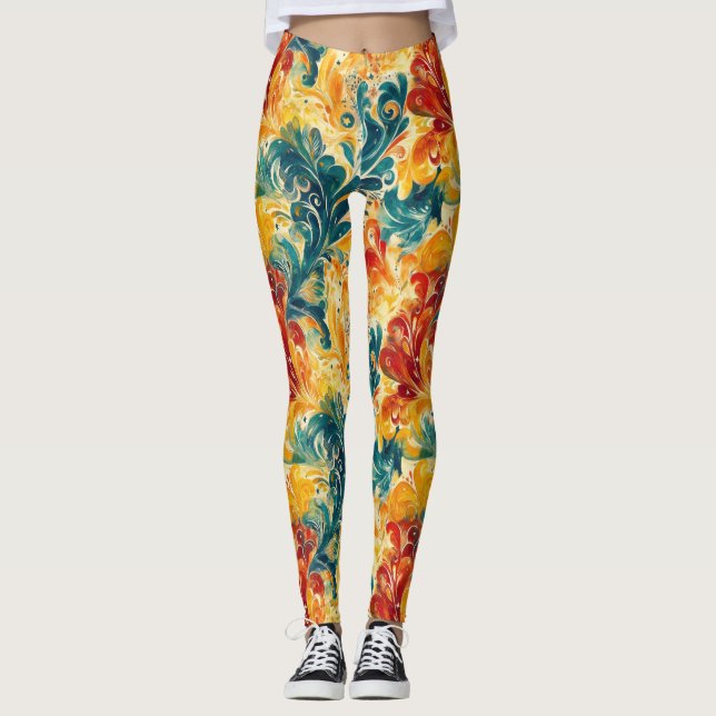 Leggings Emerald Green & Gold Abstrait Paisley Feuilles (3) (Devant)