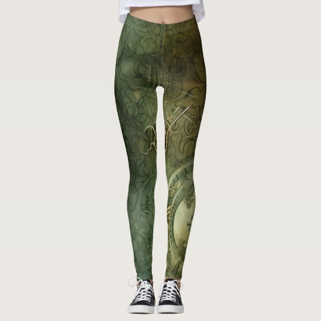 Leggings Émeraude Green Rustic Steampunk Horloge (5) (Devant)