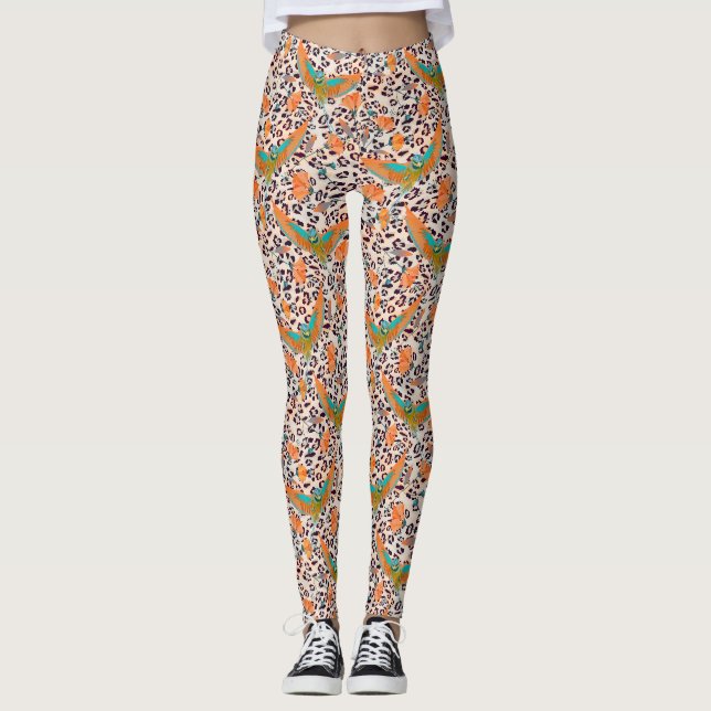 Leggings Empreinte de léopard branché, oiseaux de paradis (Devant)