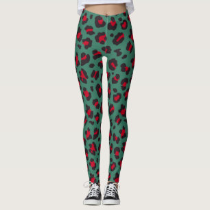 Leggings Empreinte de léopard rouge et vert style années 