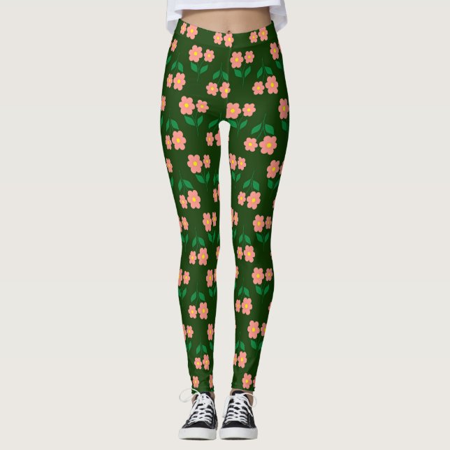 Leggings Empreinte florale rose et orange sur vert riche (Devant)
