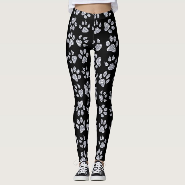 Leggings Empreintes de patte de chien argentées,Noir (Devant)