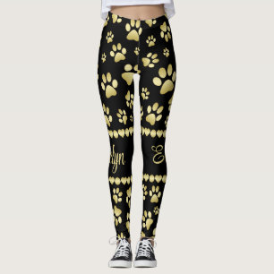 Leggings Empreintes de Patte Dorées sur Fond Noir avec Nom 