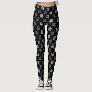 Leggings Empreintes de pattes de chien gris sur fond noir