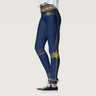 Leggings Empress Gold Chain Emblem Black Blue Houndstooth