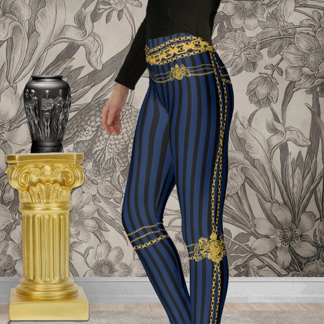 Leggings Empress Gold Chain Lion Emblem Black Blue Stripe (Créateur téléchargé)