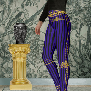 Leggings Empress Gold Chain Lion Emblem Black Purple Stripe