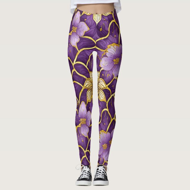 Leggings en or violet floral japonais (Devant)