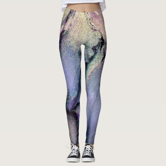 Leggings Encre Abstraite d'alcool brillant violet et or (Devant)