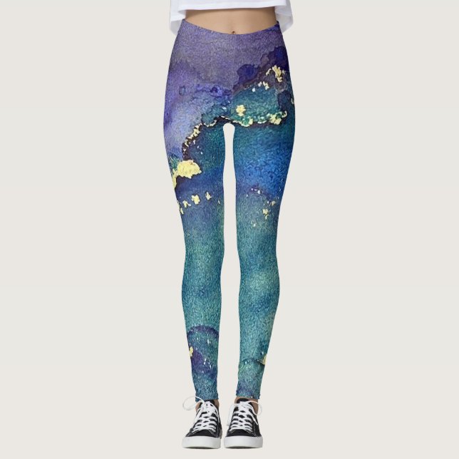 Leggings Encre Abstraite d'alcool vert pourpre bleu et or (Devant)
