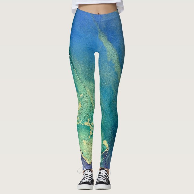 Leggings Encre Abstraite d'alcool vert pourpre bleu et or (Devant)