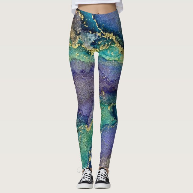 Leggings Encre d'alcool Abstraite Art bleu vert pourpre & o (Devant)