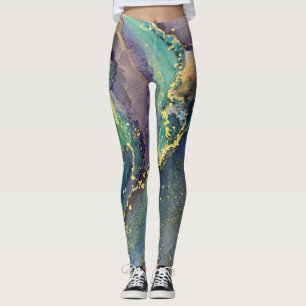 Leggings Encre d'alcool Abstraite Art Blue Gold Aqua violet