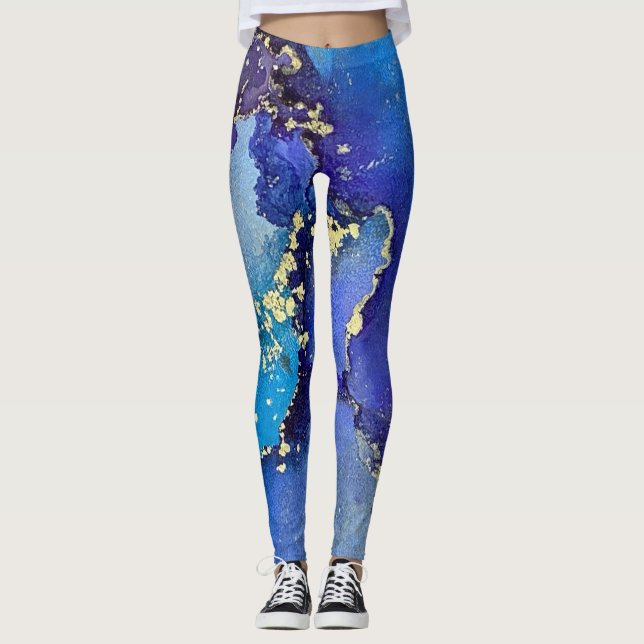 Leggings Encre d'alcool Abstraite Art Blue Gold Aqua violet (Devant)