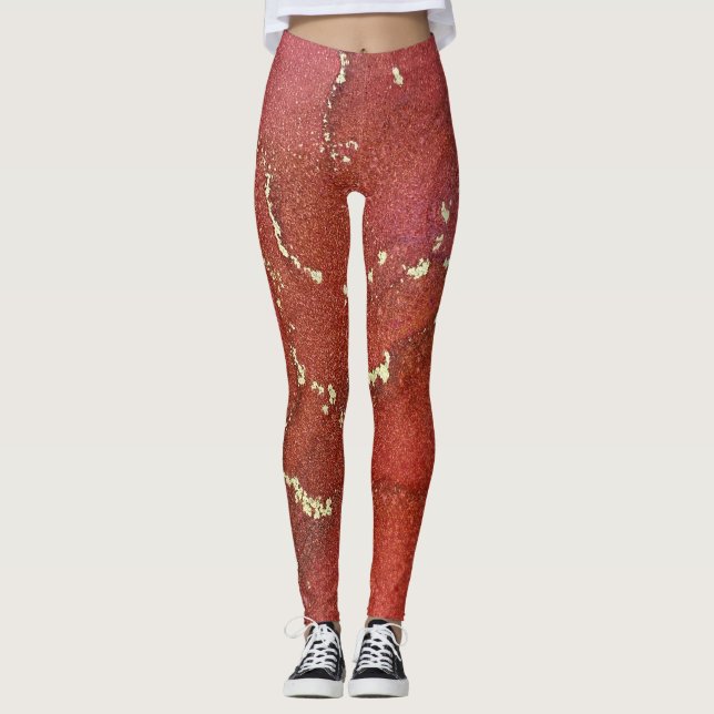 Leggings Encre d'alcool Abstraite Art brillant rouge et or (Devant)