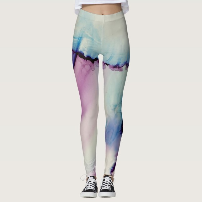 Leggings Encre d'alcool Abstraite Art rose violet bleu blan (Devant)