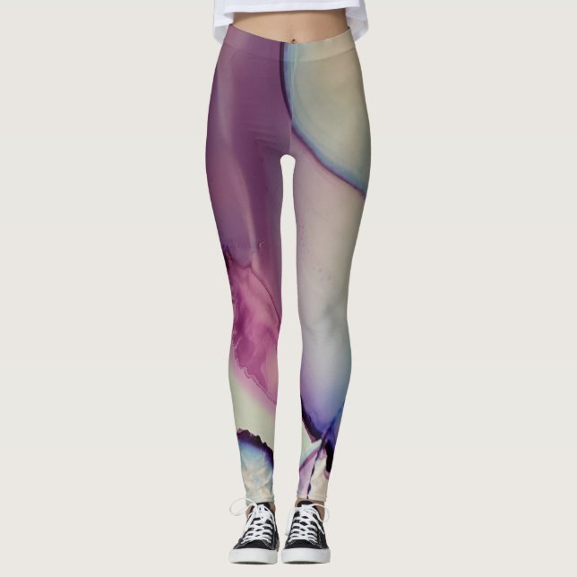 Leggings Encre d'alcool Abstraite Art rose violet bleu blan (Devant)