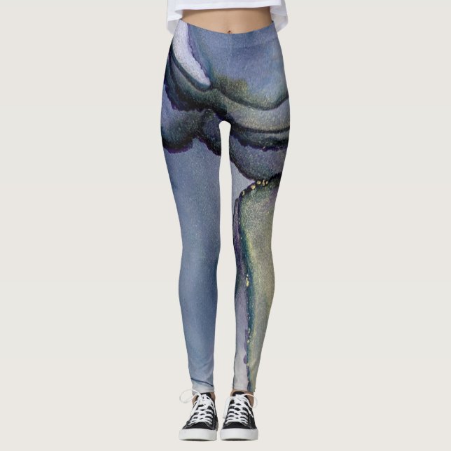 Leggings Encre d'alcool Abstraite brillant bleu et or (Devant)