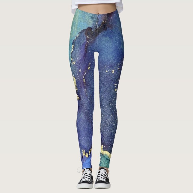 Leggings Encre d'alcool Abstraite Riche bleu or Aqua (Devant)