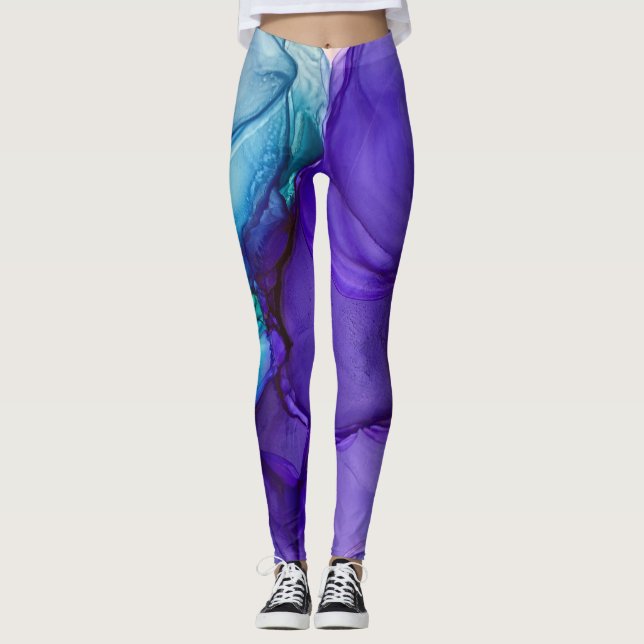 Leggings Encre d'alcool Abstraite riche Turquoise et violet (Devant)