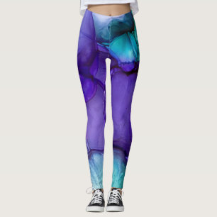Leggings Encre d'alcool Abstraite riche Turquoise et violet