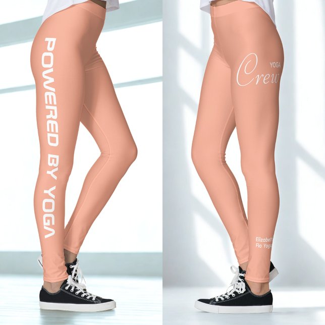 Leggings Équipe de yoga à impression personnalisée pêche (Peach yoga leggings with two views.)