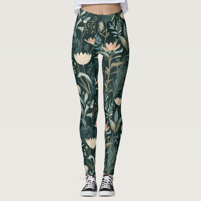 Leggings Esthétique Fleur Illustrative Sauge Foncé & Pêche (Devant)