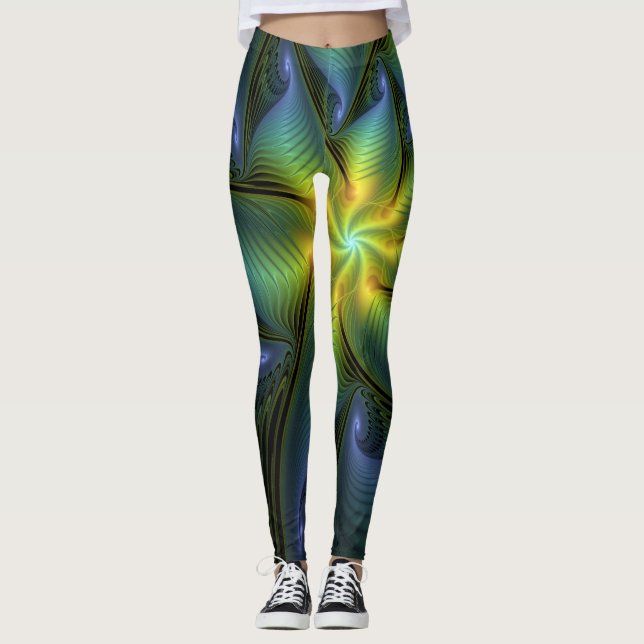 Leggings Etoile Abstraite, Bleu brillant Vert Or Fractal Ar (Devant)