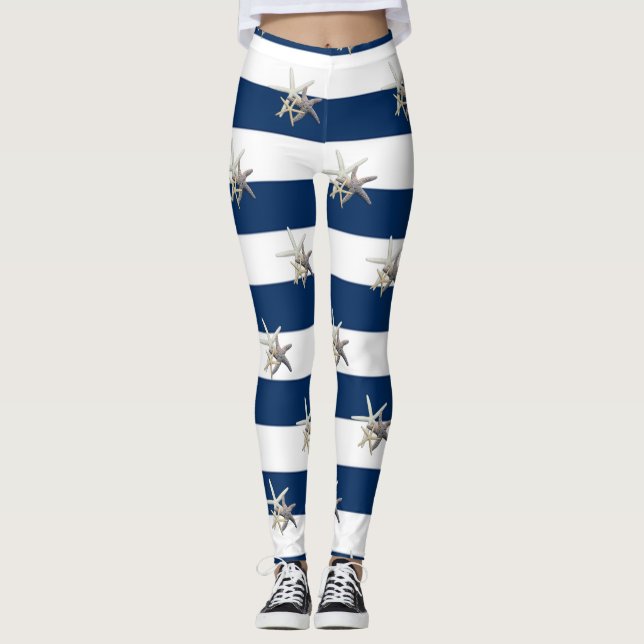 Leggings Étoile de mer adorable, rayures bleu marine (Devant)