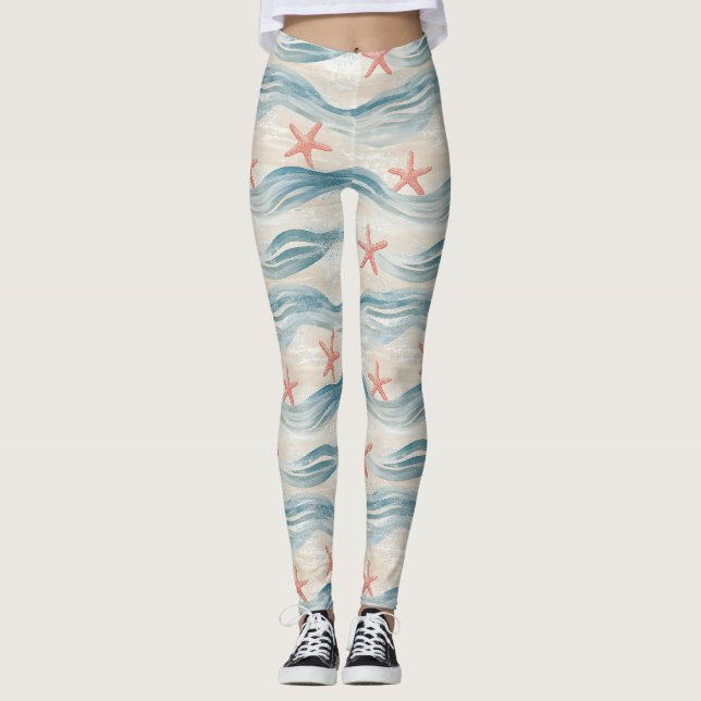 Leggings Étoile de mer côtière sur motif de vagues de sable (Devant)