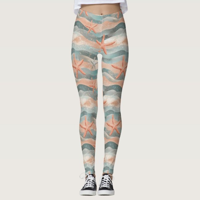 Leggings Étoile de mer côtière sur motif de vagues de sable (Devant)