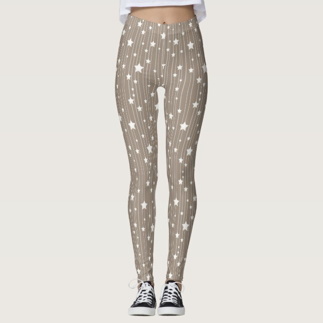 Leggings Étoiles blanches en beige, points et rayures xmas (Devant)