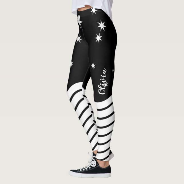 Leggings Étoiles blanches noires monogrammes rayures graphi (Gauche)
