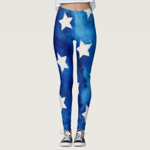 Leggings Étoiles blanches sur aquarelle bleue