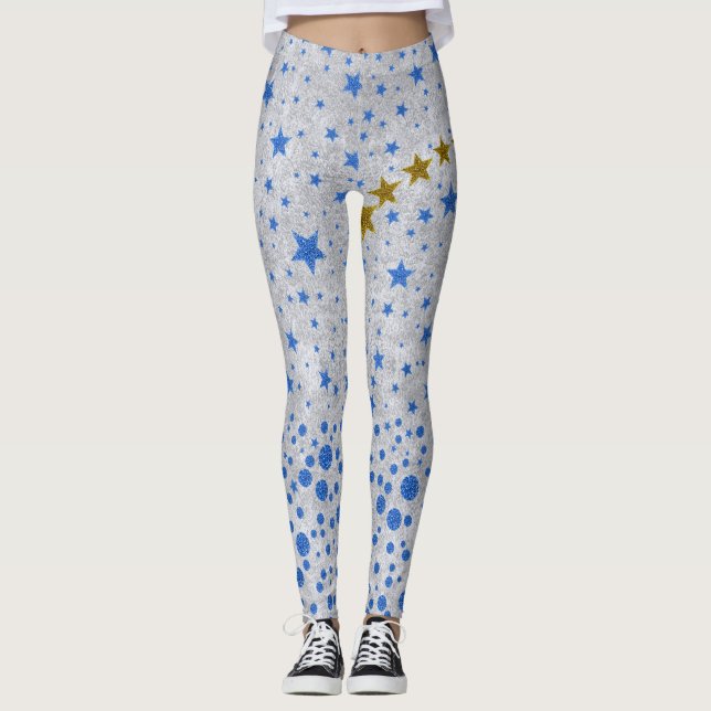 Leggings Étoiles bleues brillantes sur papier argenté abstr (Devant)