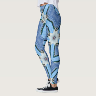 Leggings étoiles de fleurs blanches bleu géométrique