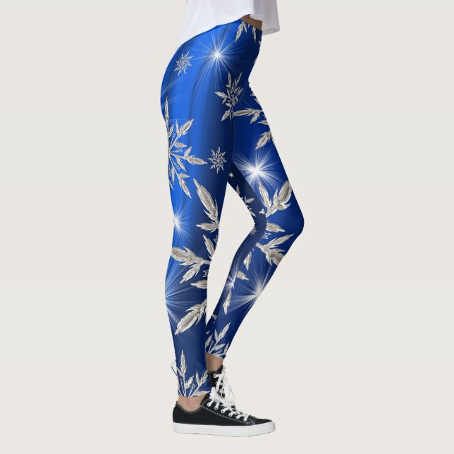 Leggings étoiles de Noël bleues avec cristal de glace blanc (Droite)