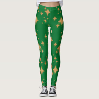 Leggings Étoiles de Noël Gold Retro sur Vert