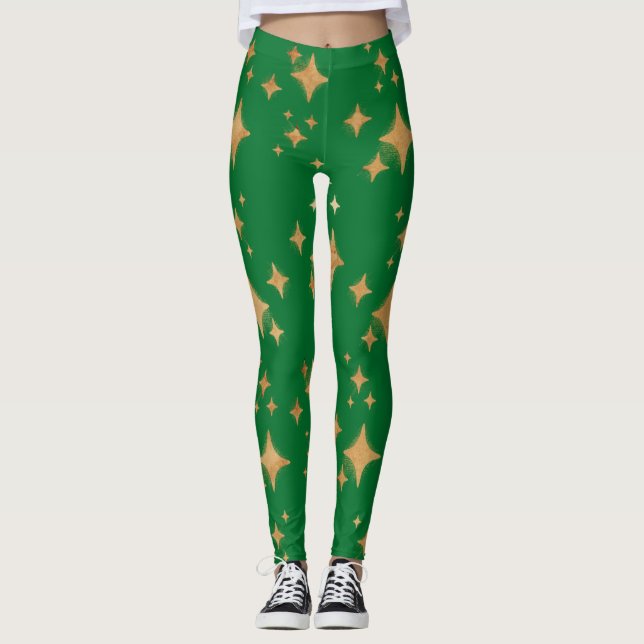 Leggings Étoiles de Noël Gold Retro sur Vert (Devant)
