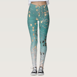 Leggings Étoiles d'or chatoyantes sur Turquoise 