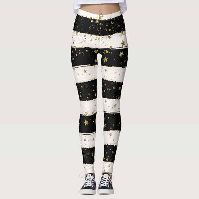 Leggings Etoiles d'or Grandes bandes noires et blanches (Devant)